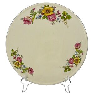 Vintage Floral Porcelain Ceramic Cake Serving Plate Raised Stand & Platinum Trim